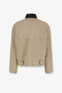 Beige Bottega Veneta men’s cotton jacket Sahara with black woven collar and flap pockets utility style