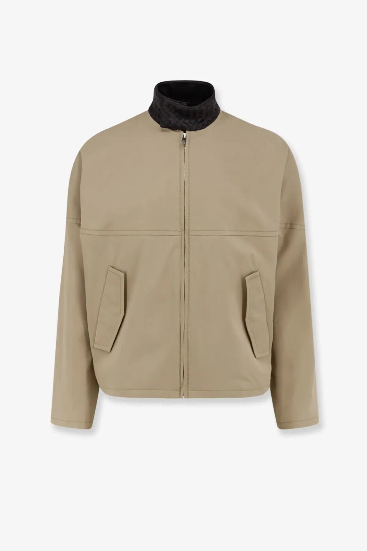 Bottega Veneta Sahara mens beige zip-up cotton jacket with black quilted collar and slanted pockets