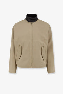 Bottega Veneta Sahara mens beige zip-up cotton jacket with black quilted collar and slanted pockets