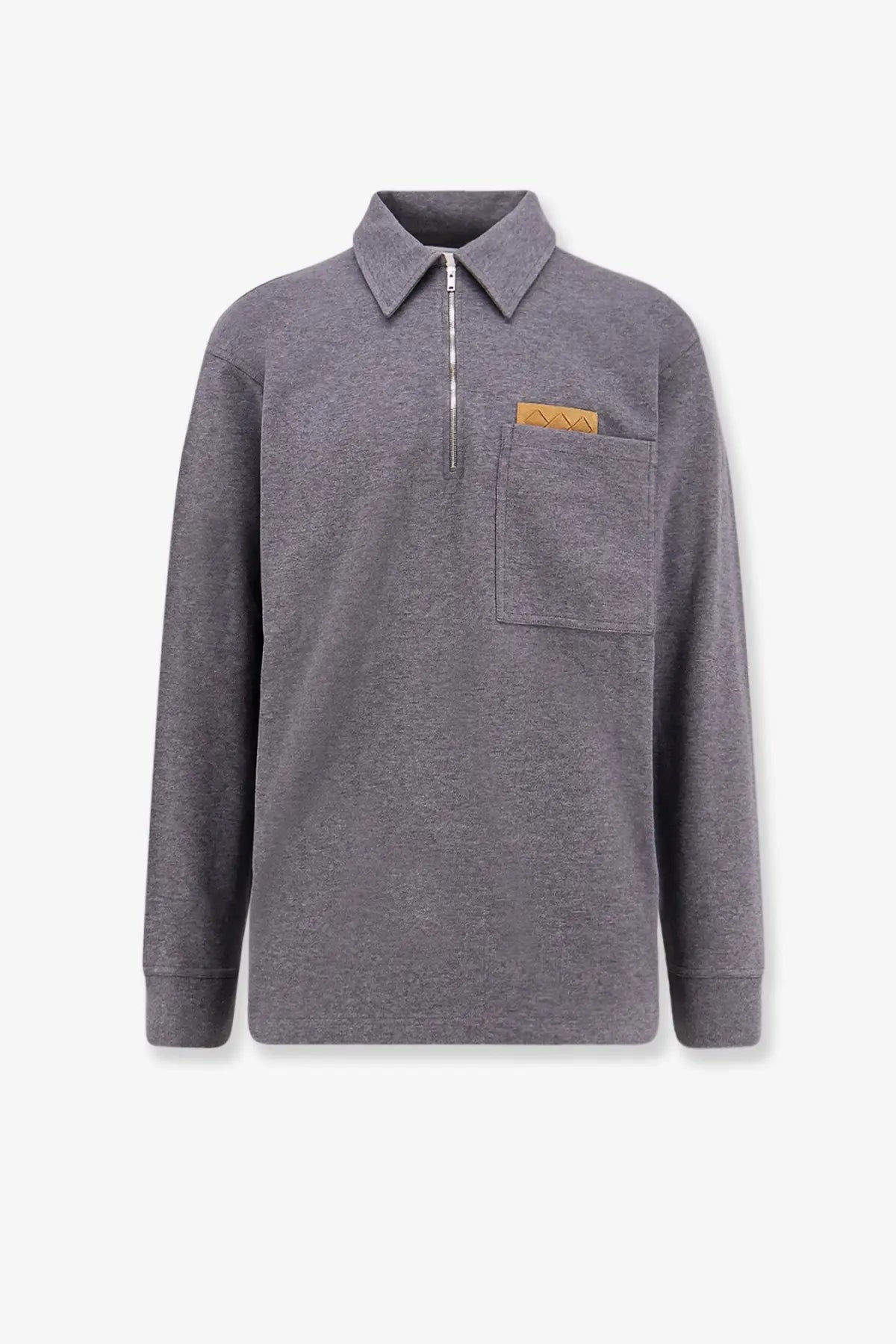 Bottega Veneta mens gray heathered long-sleeve half-zip cotton polo with orange leather patch pocket