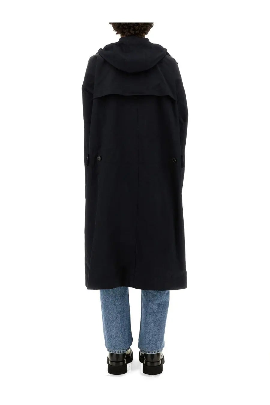 Bottega veneta men’s black hooded trench coat with sleek minimalist design and subtle button details