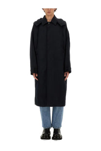 Bottega veneta men’s blue hooded trench coat with structured collar and buttoned cuffs in black fabric
