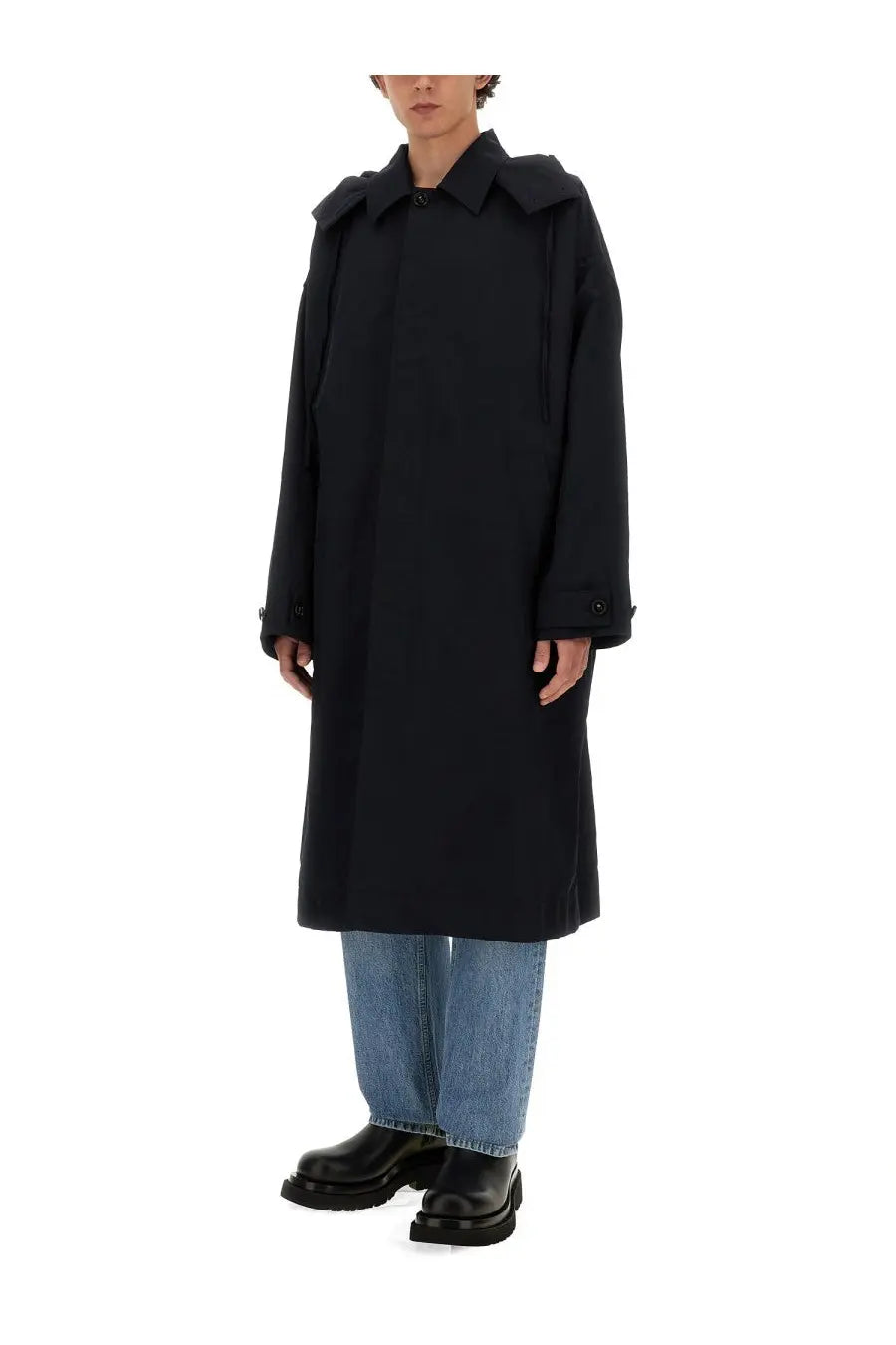 Bottega Veneta men’s blue hooded trench coat featuring a black trench coat with structured collar and buttoned cuffs