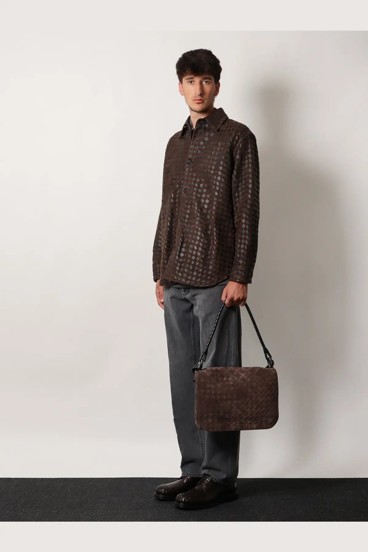 Bottega Veneta Men's Intrecciato Suede Shoulder Bag Brown, view 2