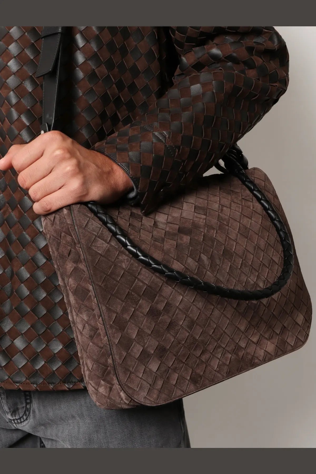 Bottega Veneta Men's Intrecciato Suede Shoulder Bag Brown, view 3