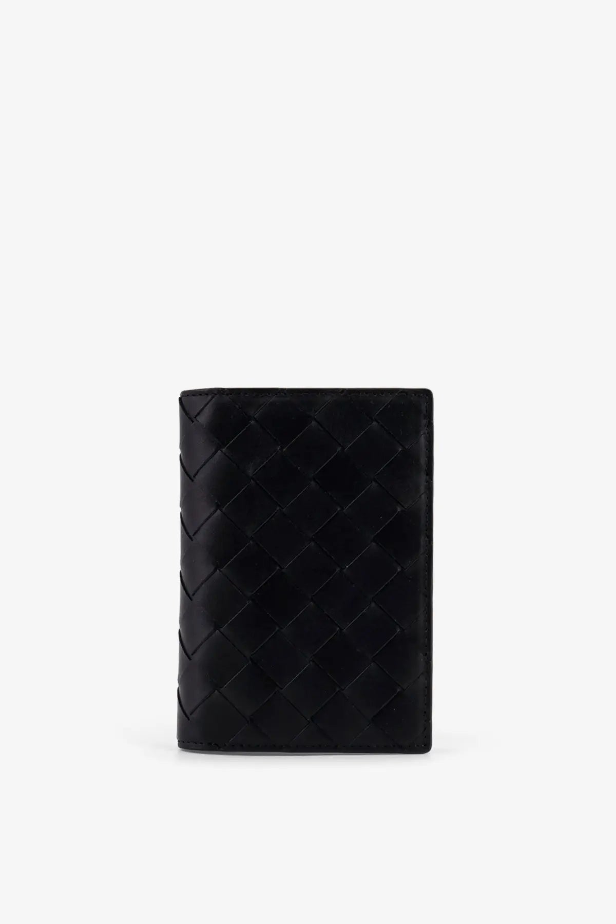 Black leather woven wallet by bottega veneta featuring distinctive pattern for men