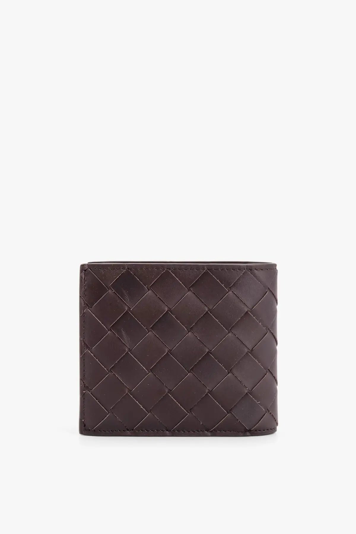 Bottega Veneta mens leather wallet in beige with dark brown woven pattern