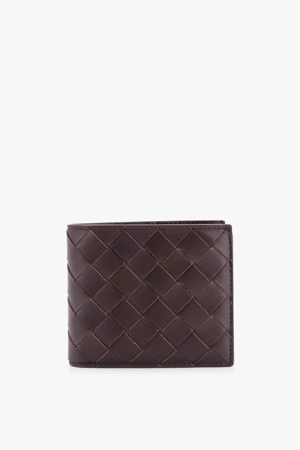 Bottega Veneta mens leather wallet in dark brown with woven pattern