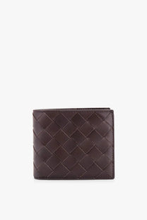 Bottega Veneta mens leather wallet in dark brown with woven pattern