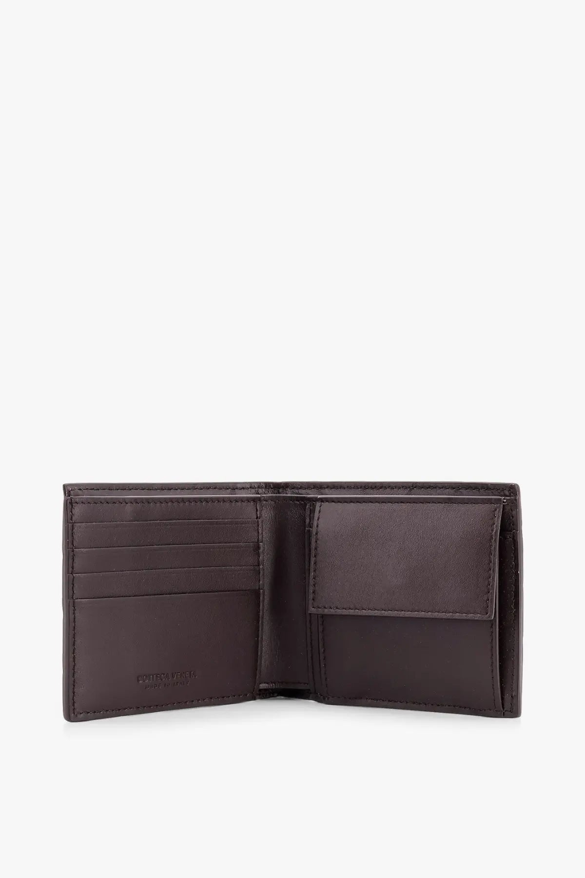 Bottega Veneta mens dark brown leather wallet with card slots and coin pocket