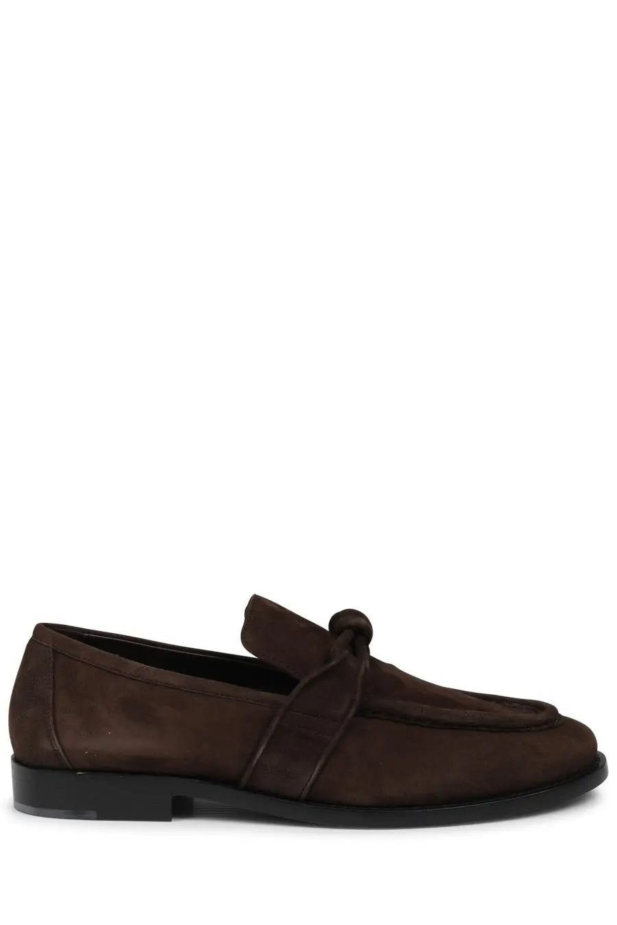 Bottega Veneta men’s moccasin Astaire brown brown suede loafer with knotted strap detail and black rubber sole