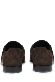 Bottega Veneta men’s moccasin Astaire brown suede loafers with black rubber soles in front view