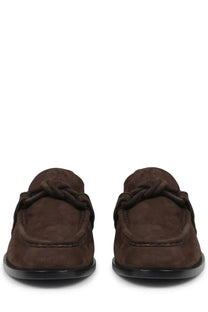 Bottega Veneta men’s moccasin Astaire brown suede loafers with braided leather detail across the vamp