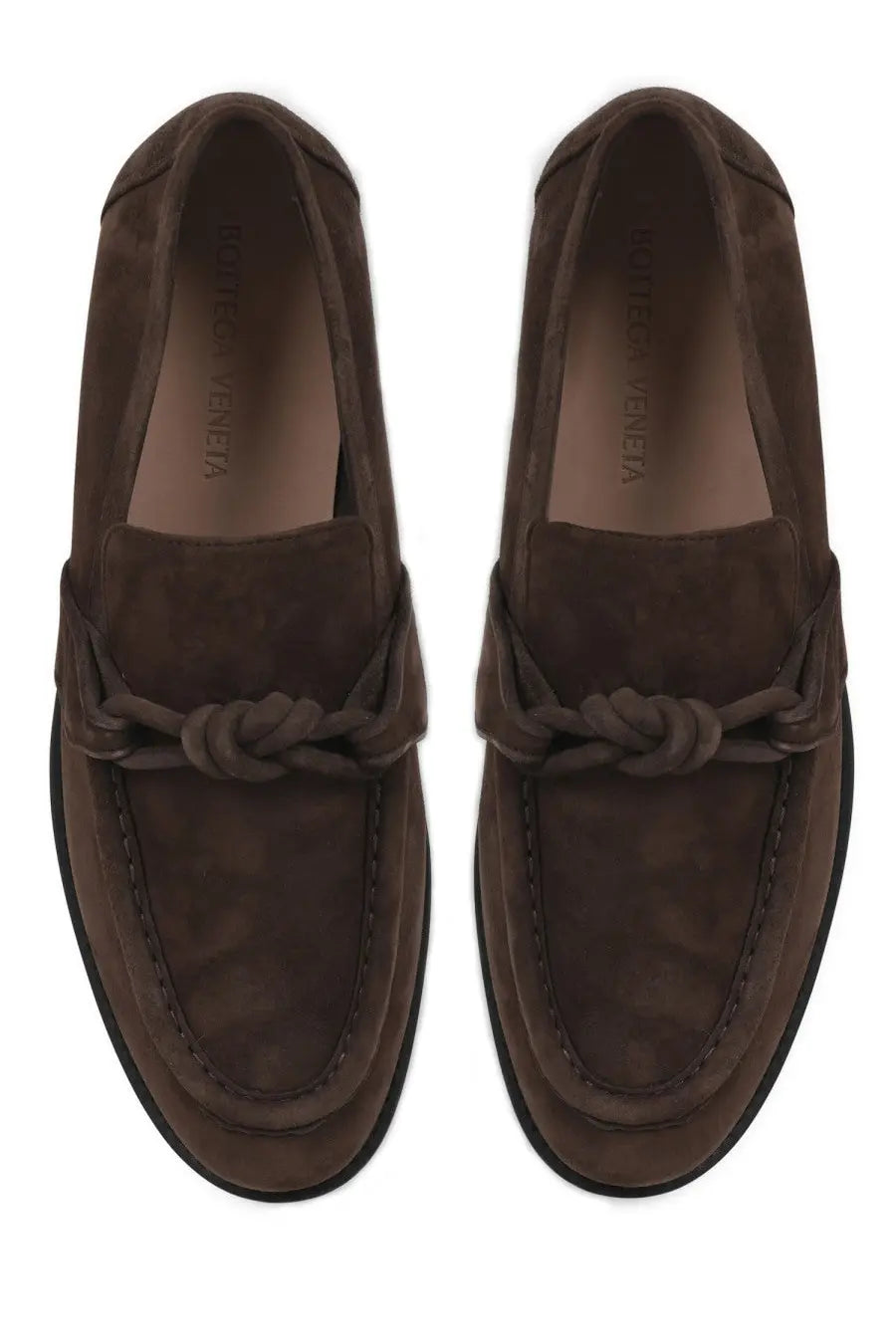 Bottega Veneta men’s moccasin Astaire brown suede loafers with braided leather knot detail front view