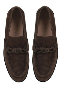 Bottega Veneta men’s moccasin Astaire brown suede loafers with braided leather knot detail front view