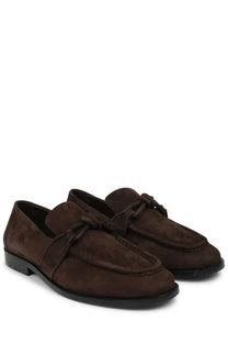 Bottega Veneta men’s astaire brown moccasin loafers in suede with tied bow detail on the front