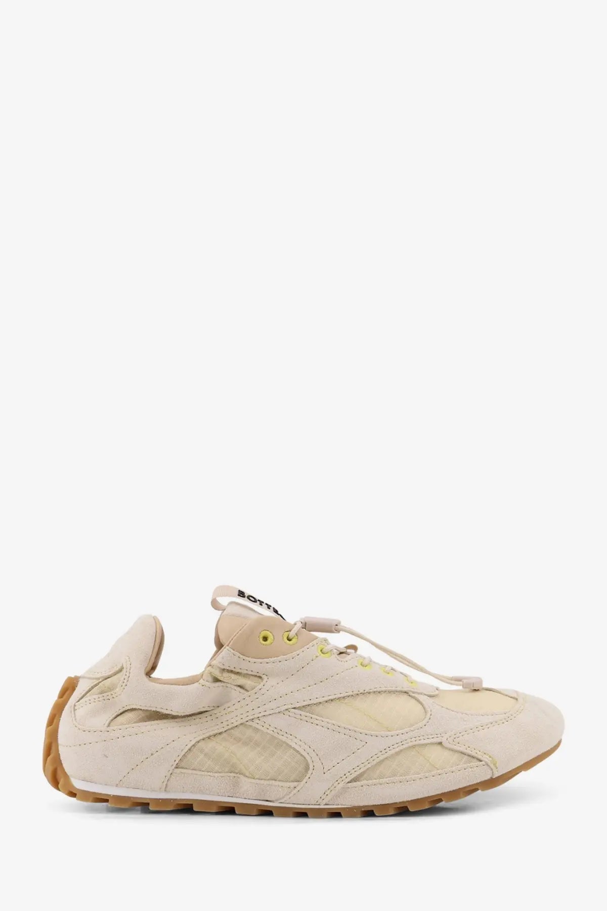 Bottega Veneta men’s orbit flash sneaker in beige suede and nylon with tan rubber sole and mesh detailing