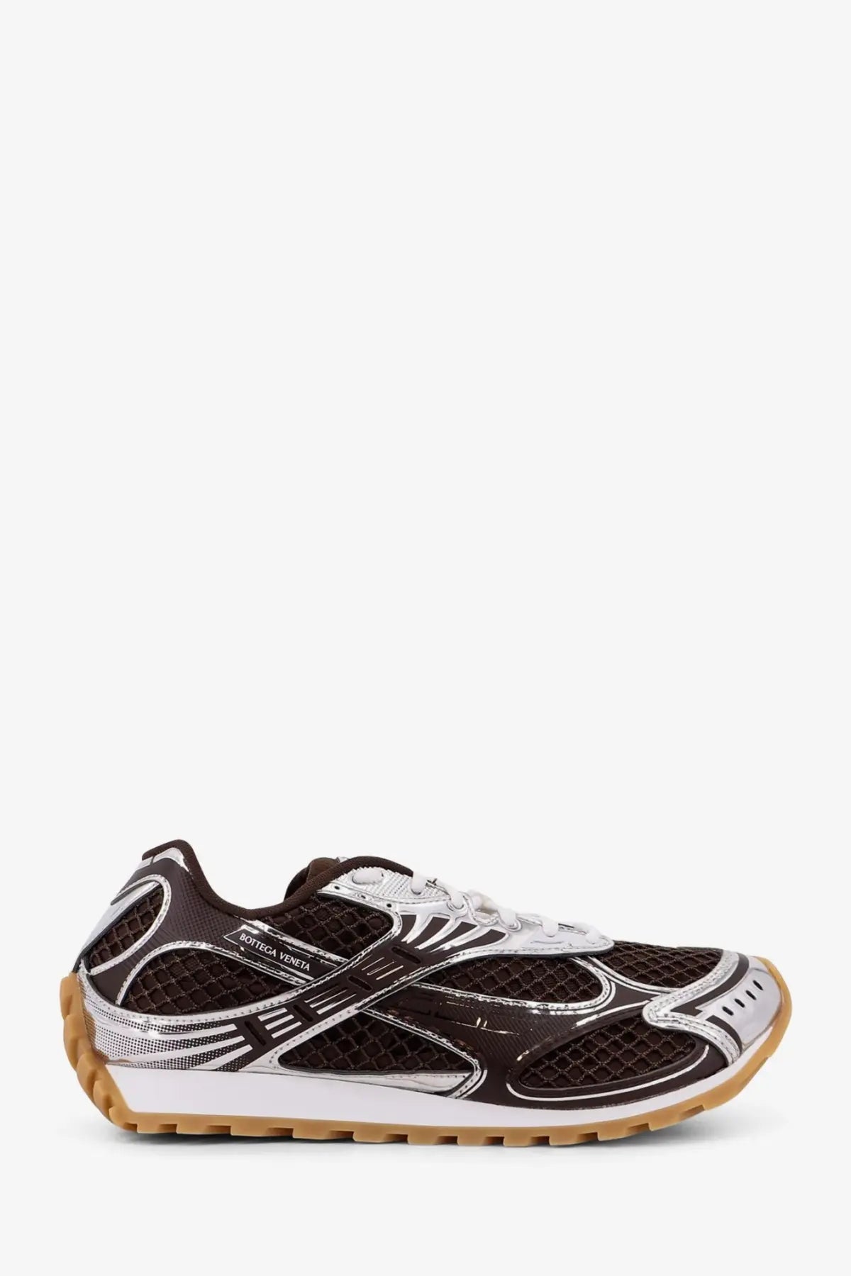 Bottega Veneta men’s orbit mesh sneaker in black and silver with tan rubber sole and branding on the side