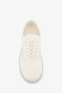 Bottega Veneta men’s Serena white woven leather lace-up sneaker with light gray rubber sole in alabaster color