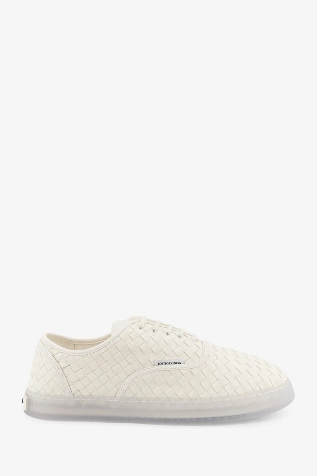 Bottega Veneta men’s Serena leather sneakers in alabaster white woven leather with translucent rubber sole