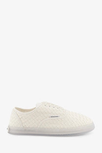 Bottega Veneta men’s Serena leather sneakers in alabaster white woven leather with translucent rubber sole