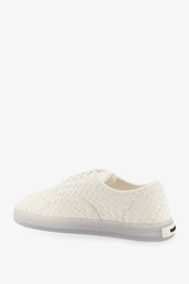 Bottega Veneta men’s Serena leather sneaker in alabaster with white woven leather and translucent rubber sole back view