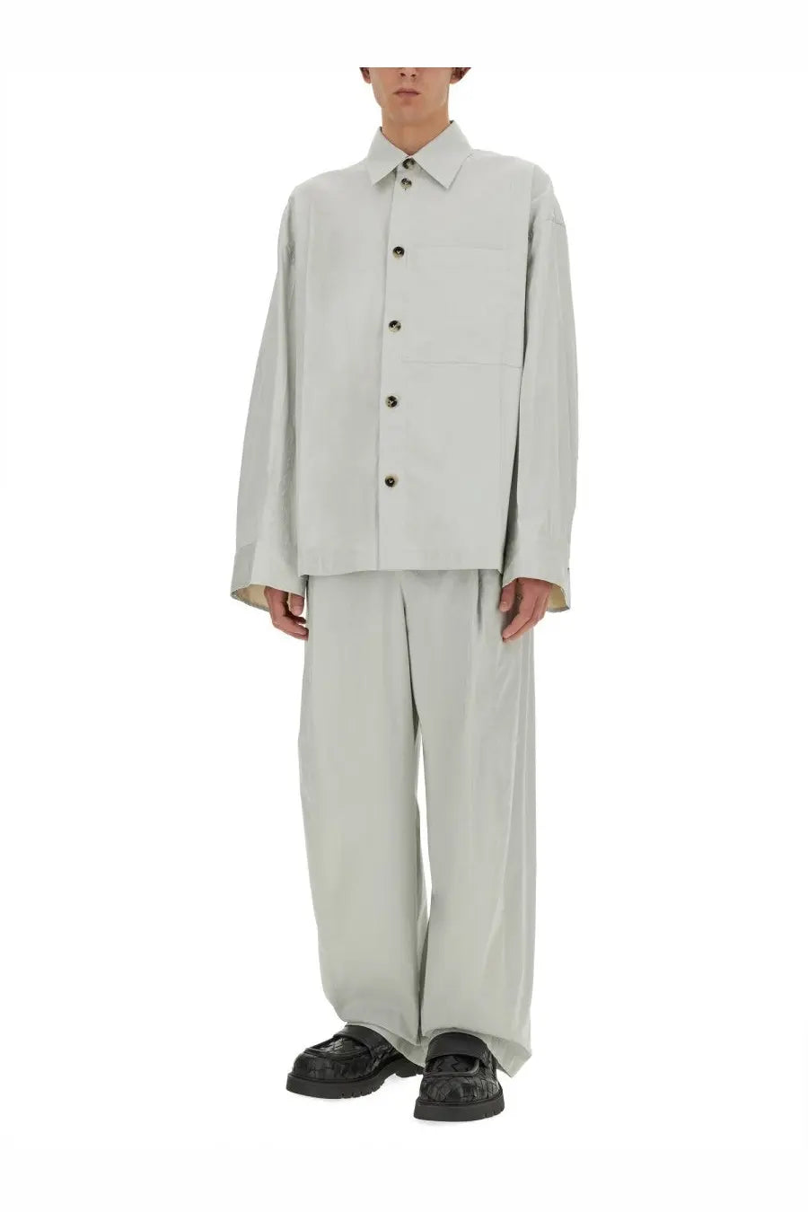 Bottega Veneta men’s silk shirt beige minimalist light gray button-up with structured collar and long sleeves