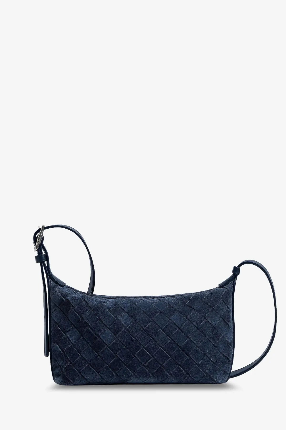 Dark blue woven leather crossbody bag with sleek structured design and adjustable strap from Bottega Veneta Men’s Traveler collection