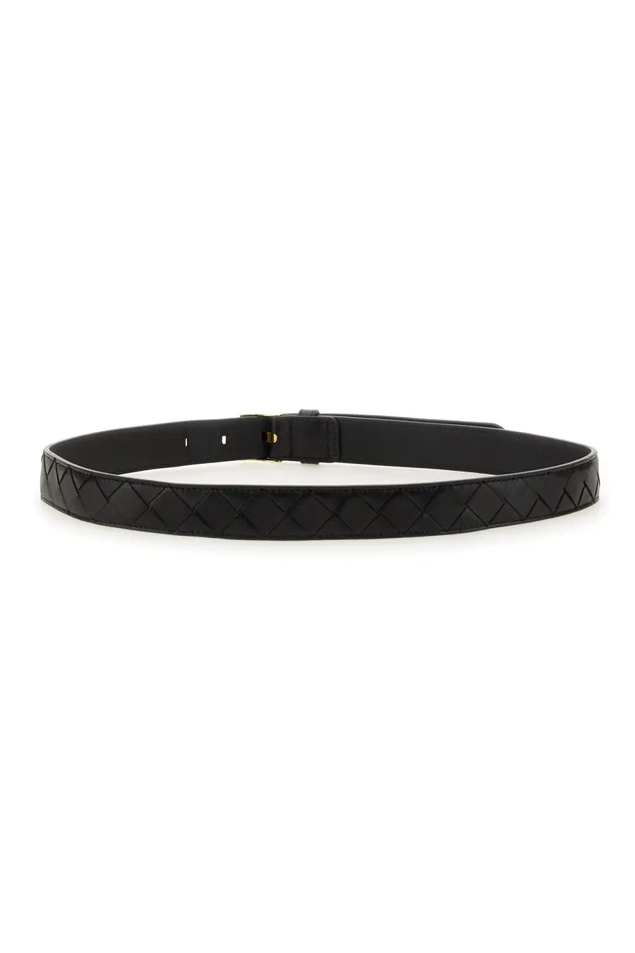 Bottega Veneta men’s watch belt in black leather with woven texture and gold-tone buckle