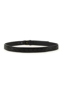Bottega Veneta men’s watch belt in black leather with woven texture and gold-tone buckle