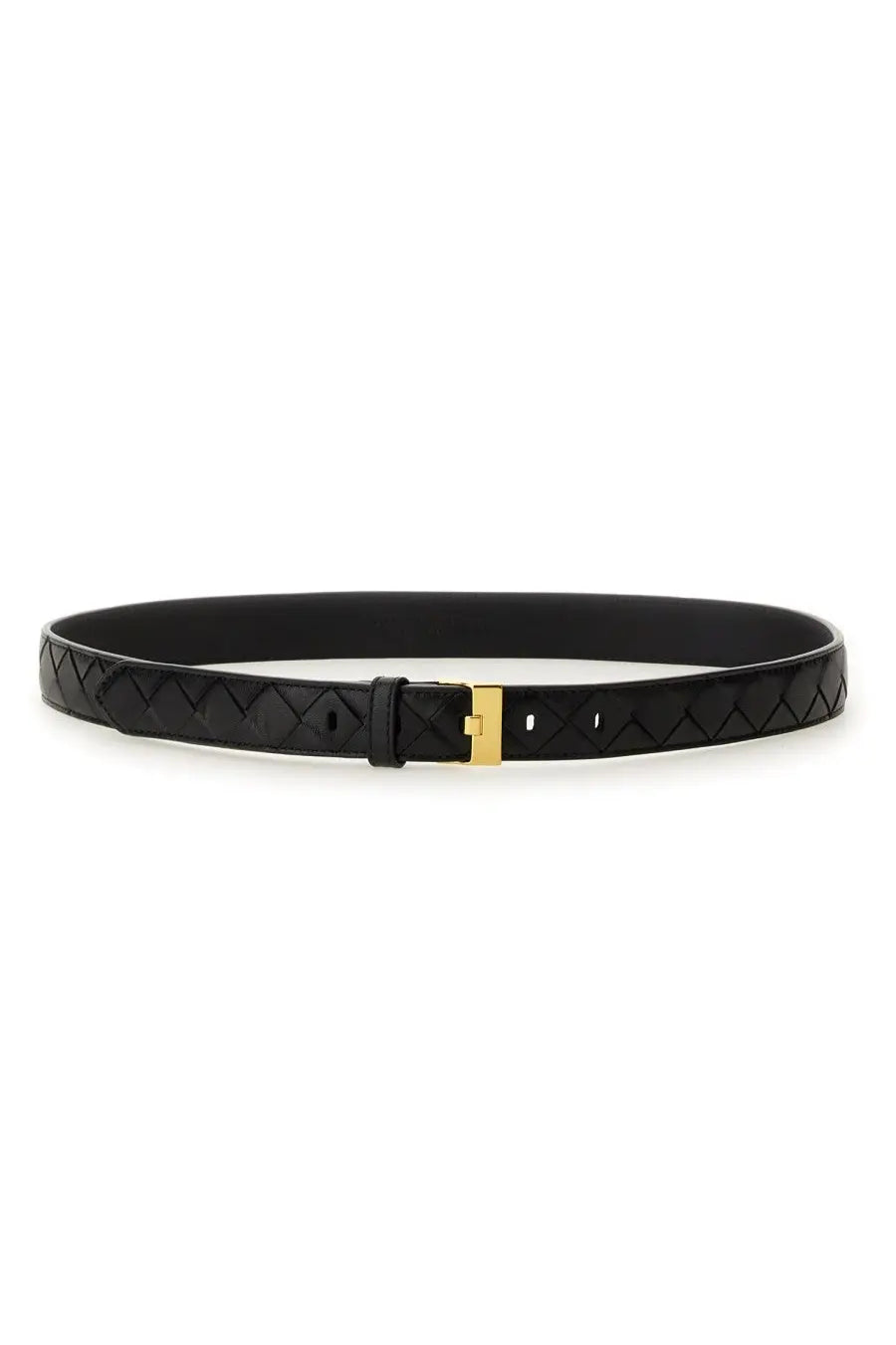 Bottega Veneta men’s watch belt black leather with woven texture and gold tone buckle for stylish wristwear