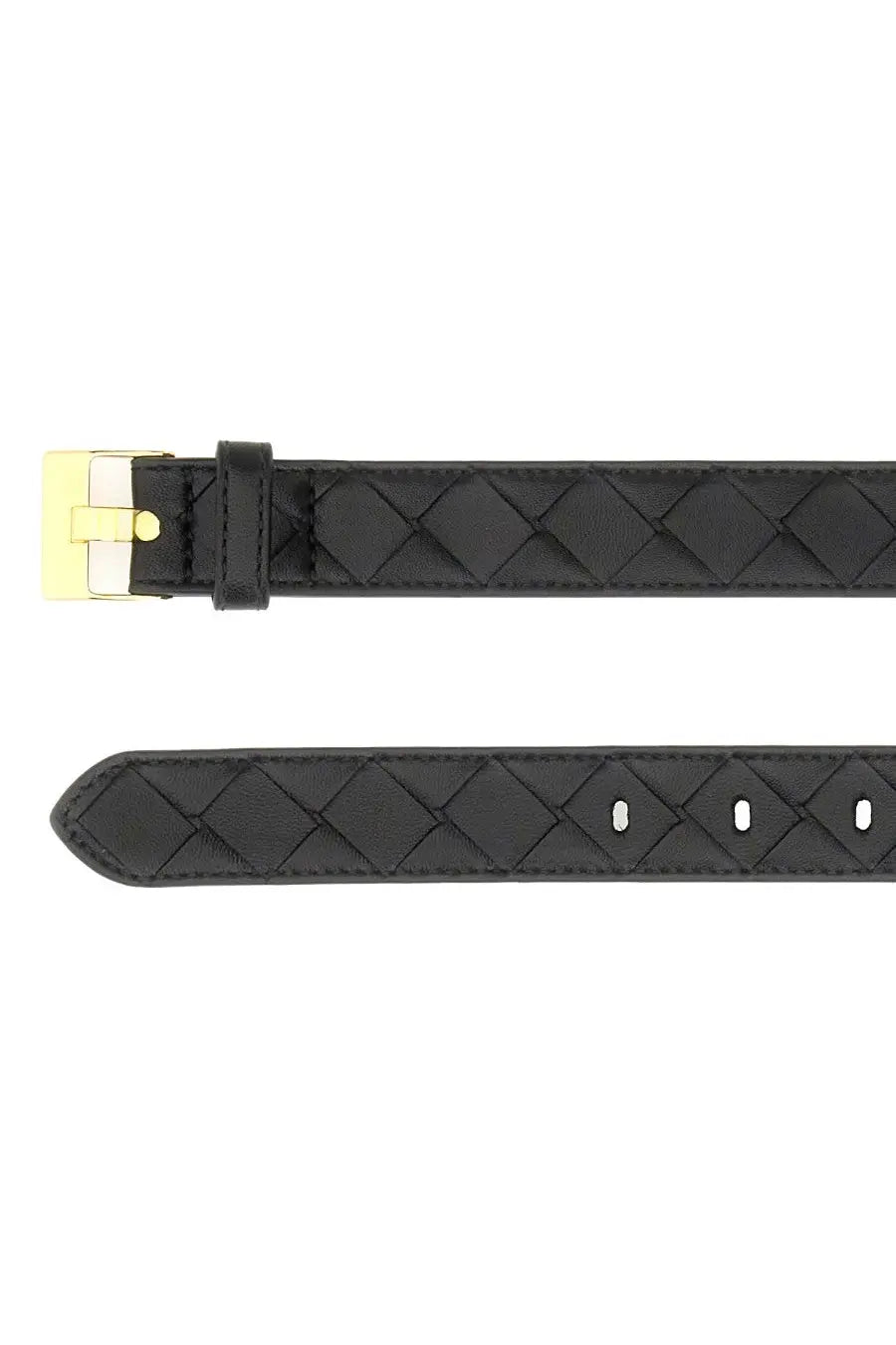 Bottega Veneta men’s watch belt in black woven leather with a gold tone buckle for a stylish accessory