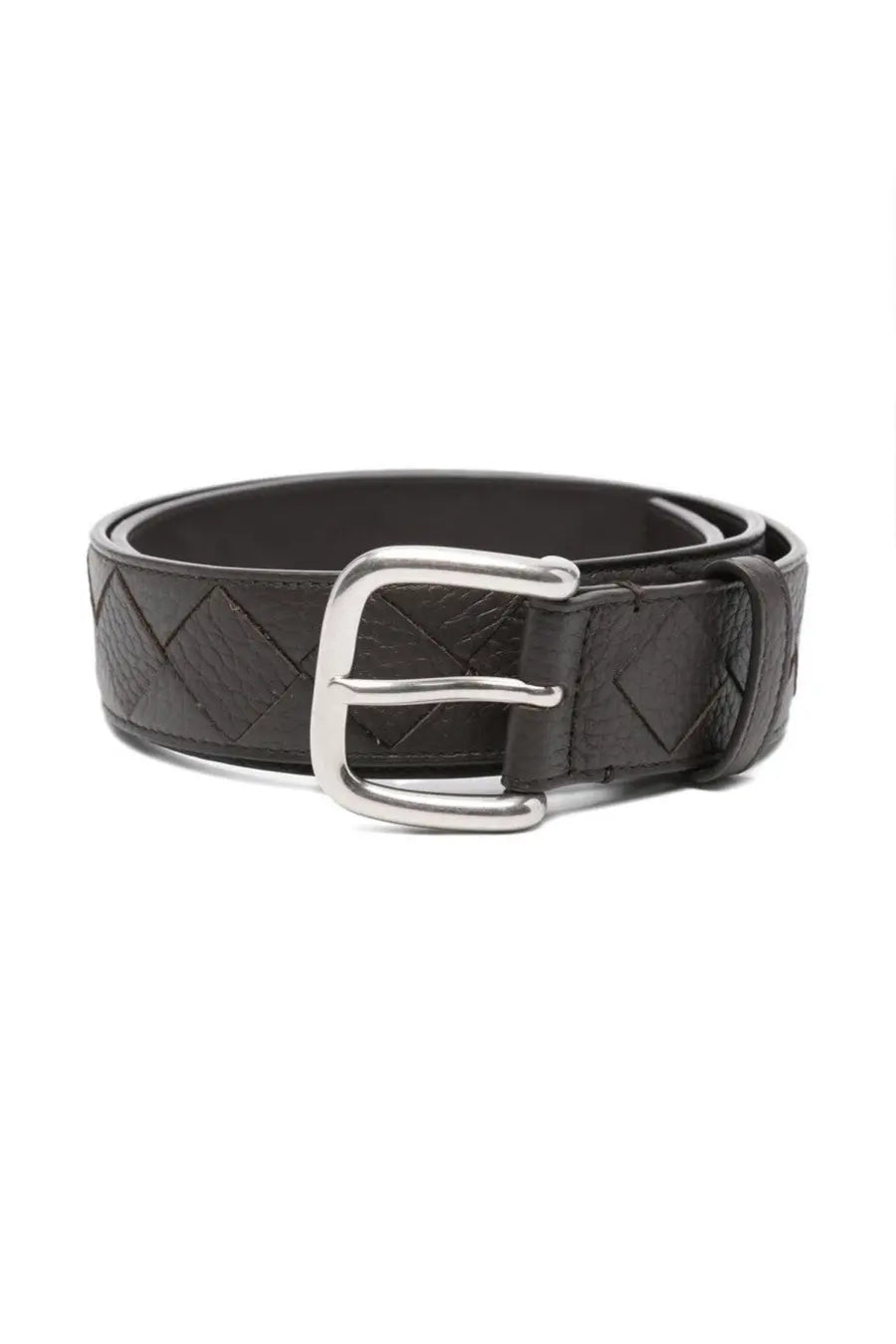 Bottega Veneta men’s brown leather belt with woven diamond pattern and silver-toned buckle front view