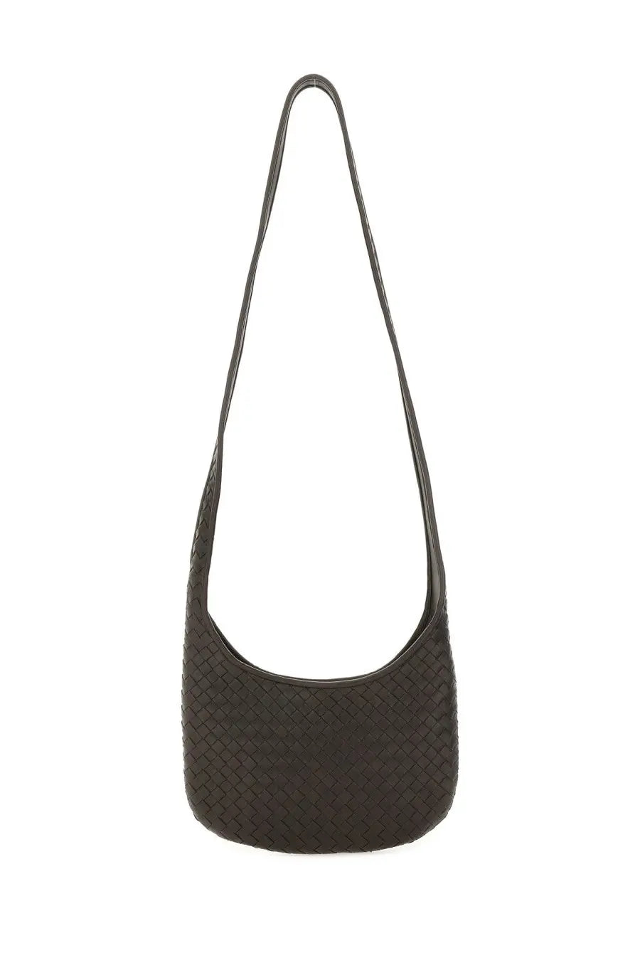 Dark brown woven leather shoulder bag with sleek minimalist design from bottega veneta veneto small unisex collection