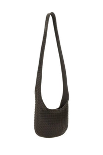 A sleek dark brown woven leather shoulder bag with a long strap and minimalist design by Bottega Veneta