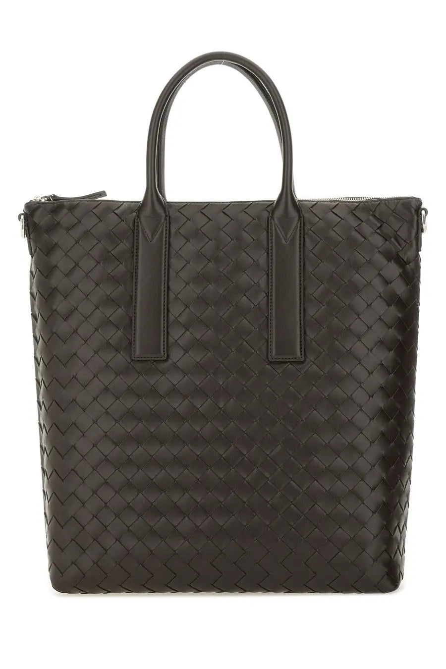 Bottega veneta unisex woven leather tote bag in black with structured handles and zipper closure