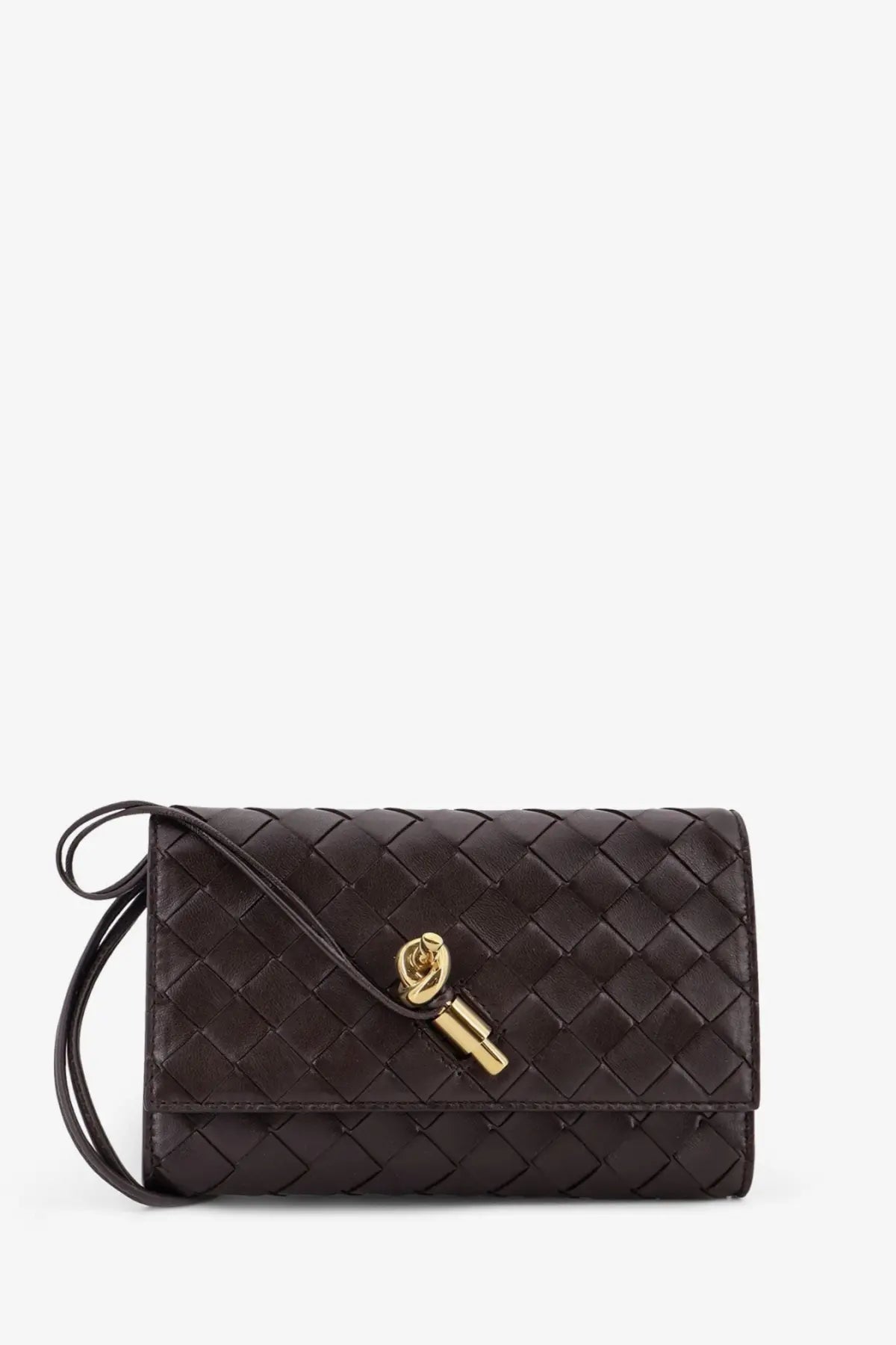 Bottega Veneta women’s andiamo crossbody bag brown dark brown woven leather clutch with gold-tone key clasp and wrist strap