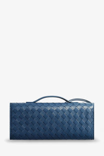 Bottega Veneta women’s Andiamo deep blue leather clutch with woven pattern and top handle