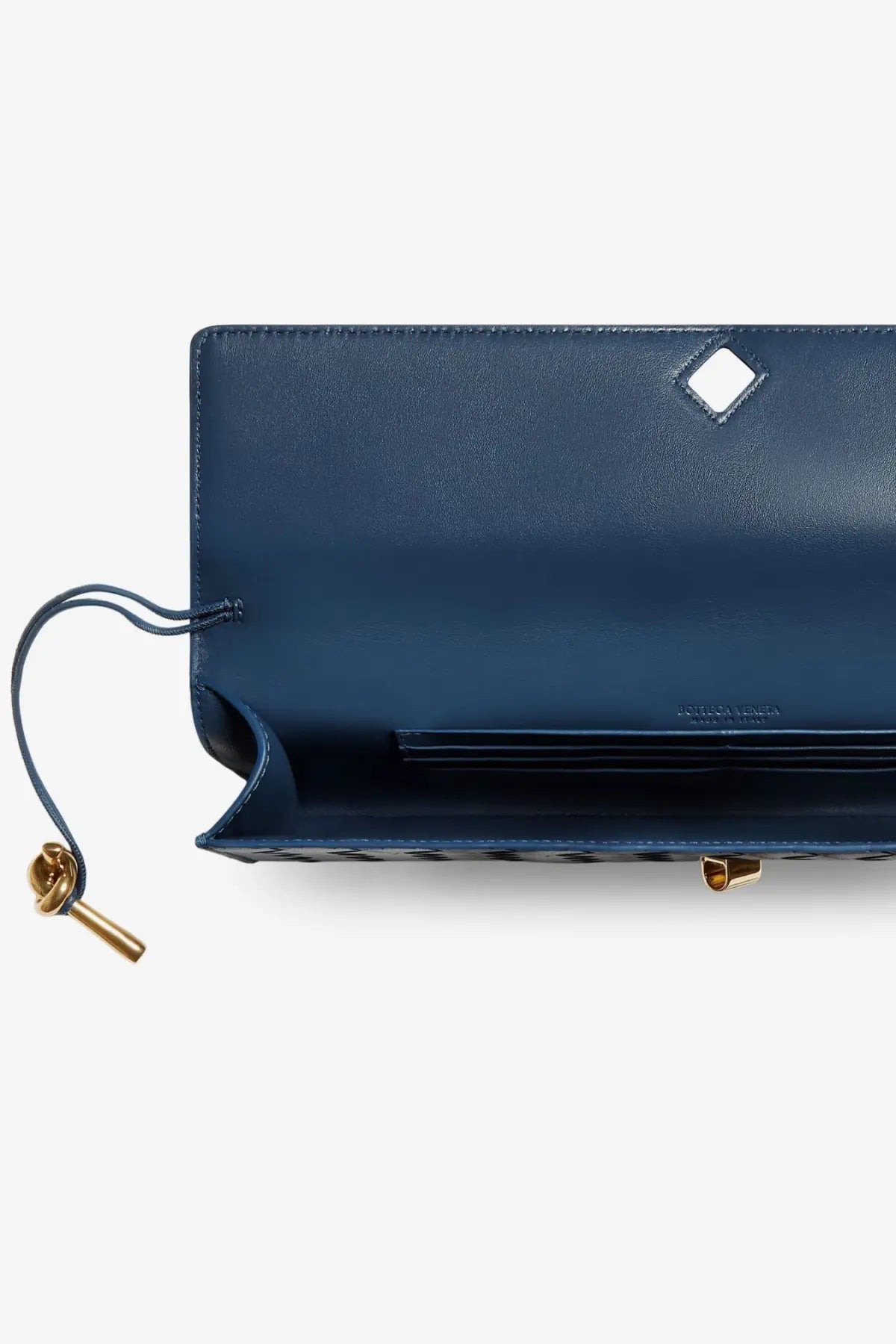 Bottega Veneta women’s andiamo deep blue leather clutch with gold-tone hardware and diamond-shaped silver accent