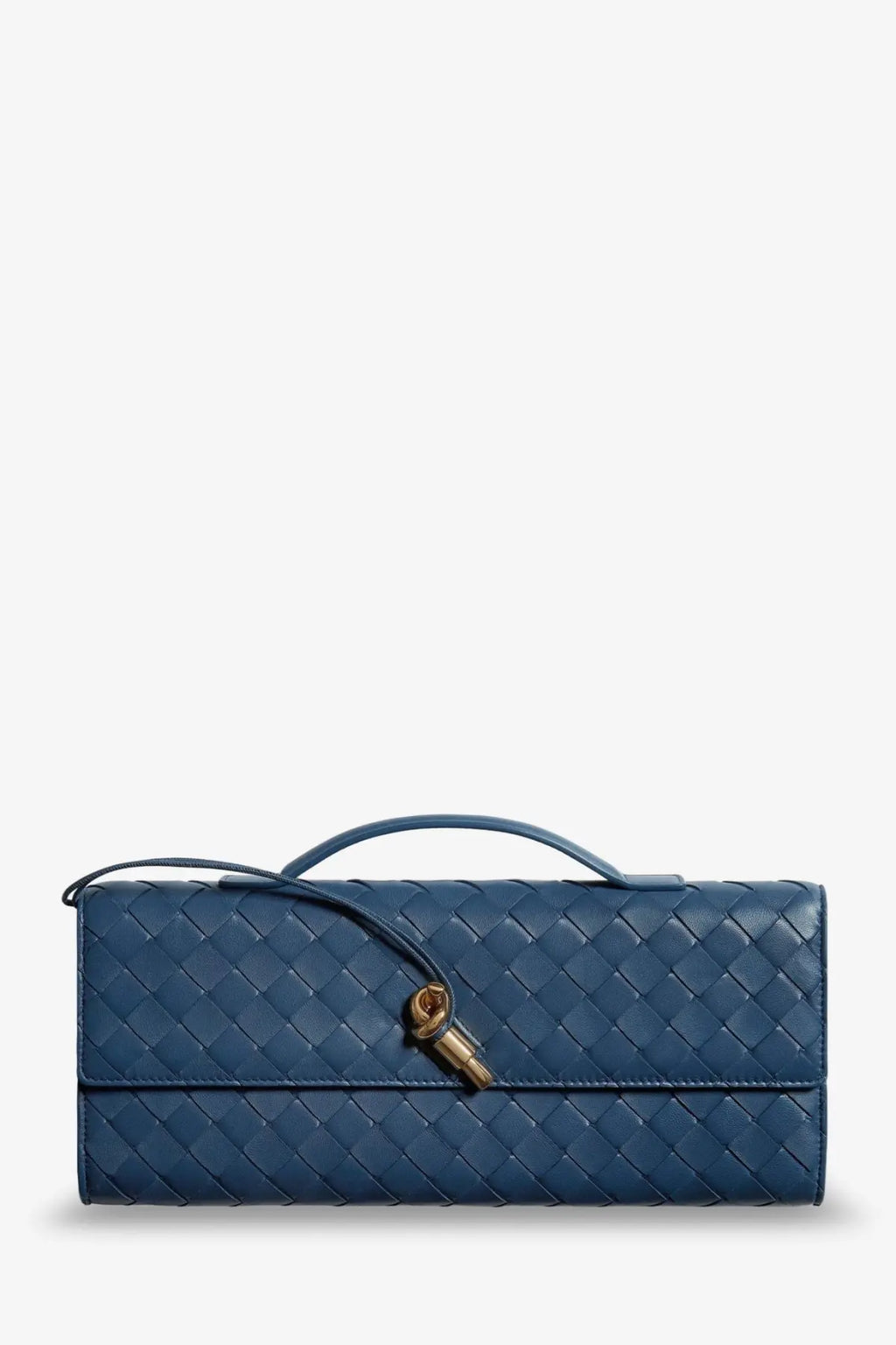 Bottega Veneta women’s andiamo deep blue woven leather clutch with gold-tone clasp and top handle