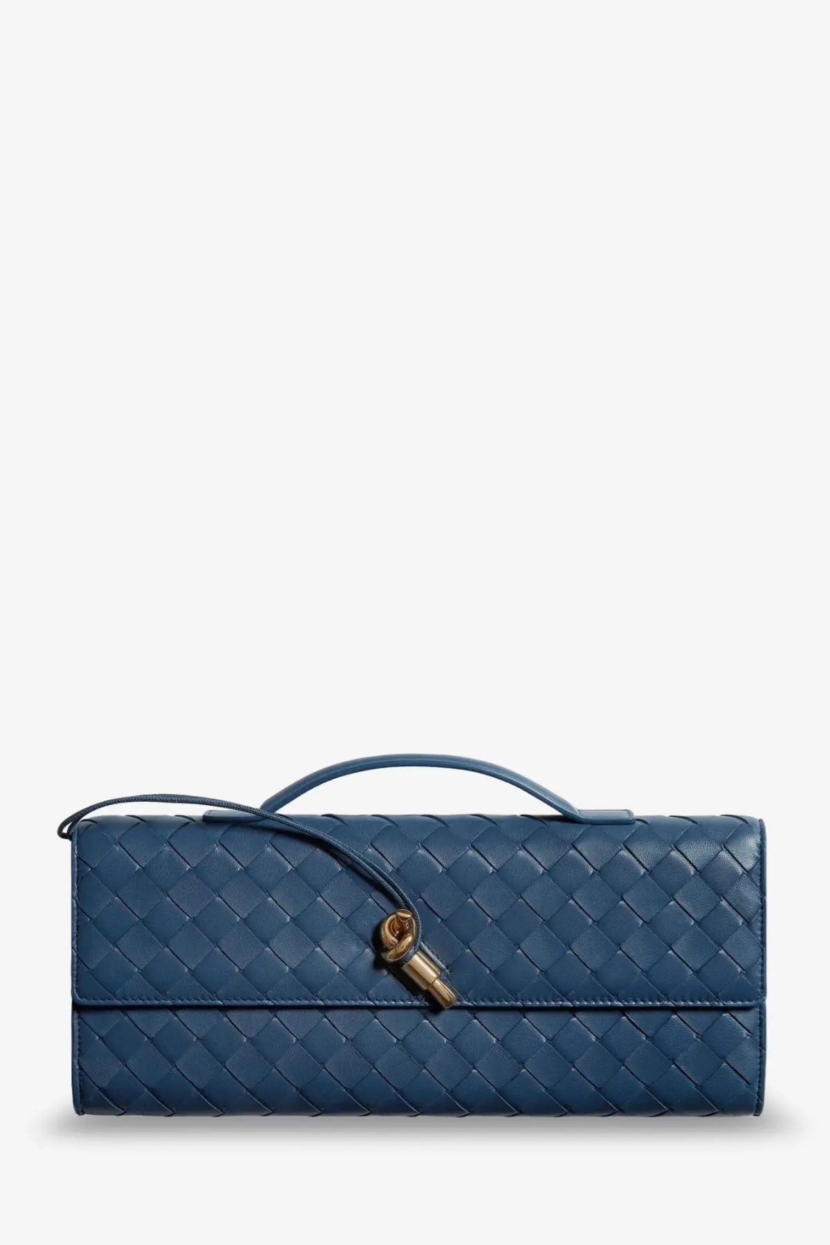 Bottega Veneta women’s andiamo deep blue woven leather clutch with gold-tone clasp and top handle