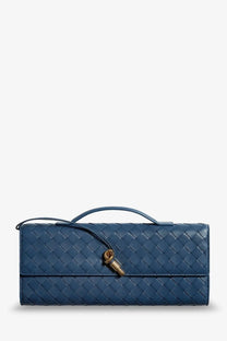 Bottega Veneta women’s andiamo deep blue woven leather clutch with gold-tone clasp and top handle