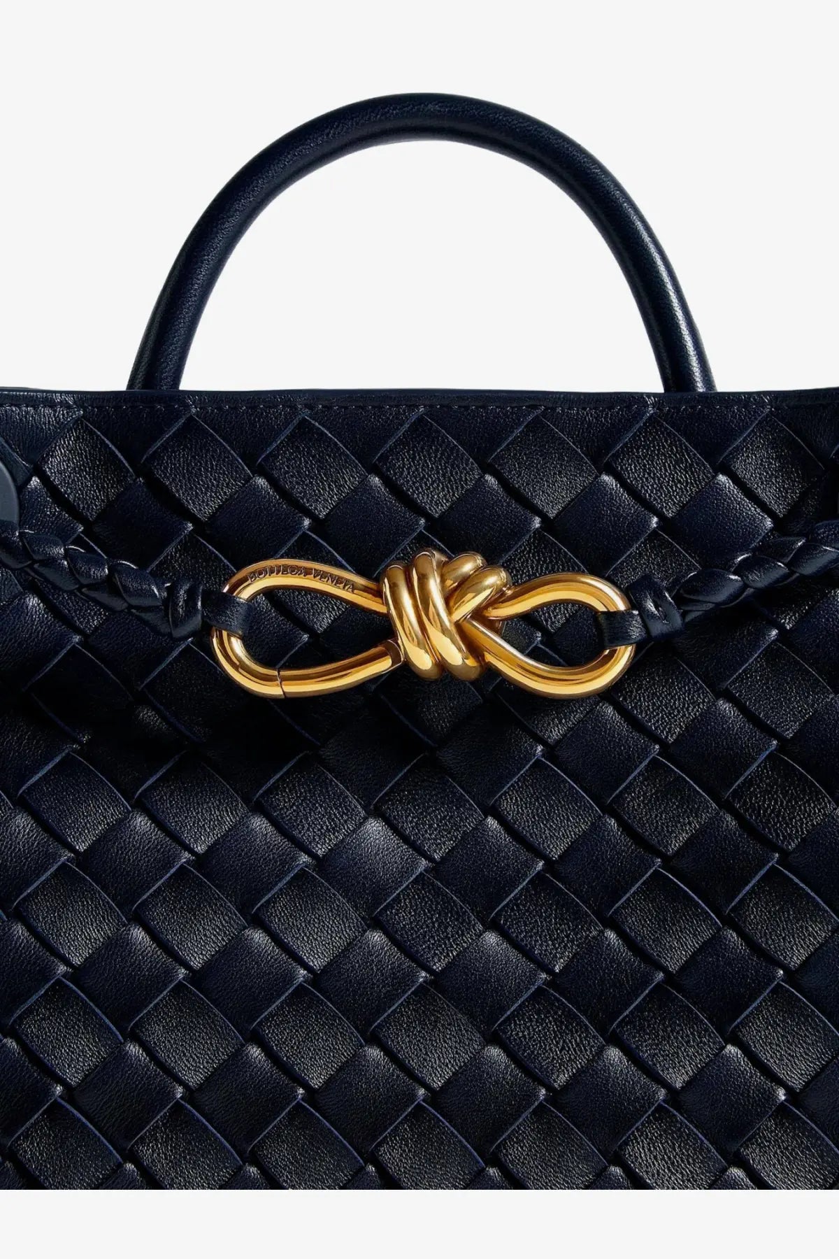 Bottega Veneta Andiamo black leather shoulder bag with gold infinity knot clasp
