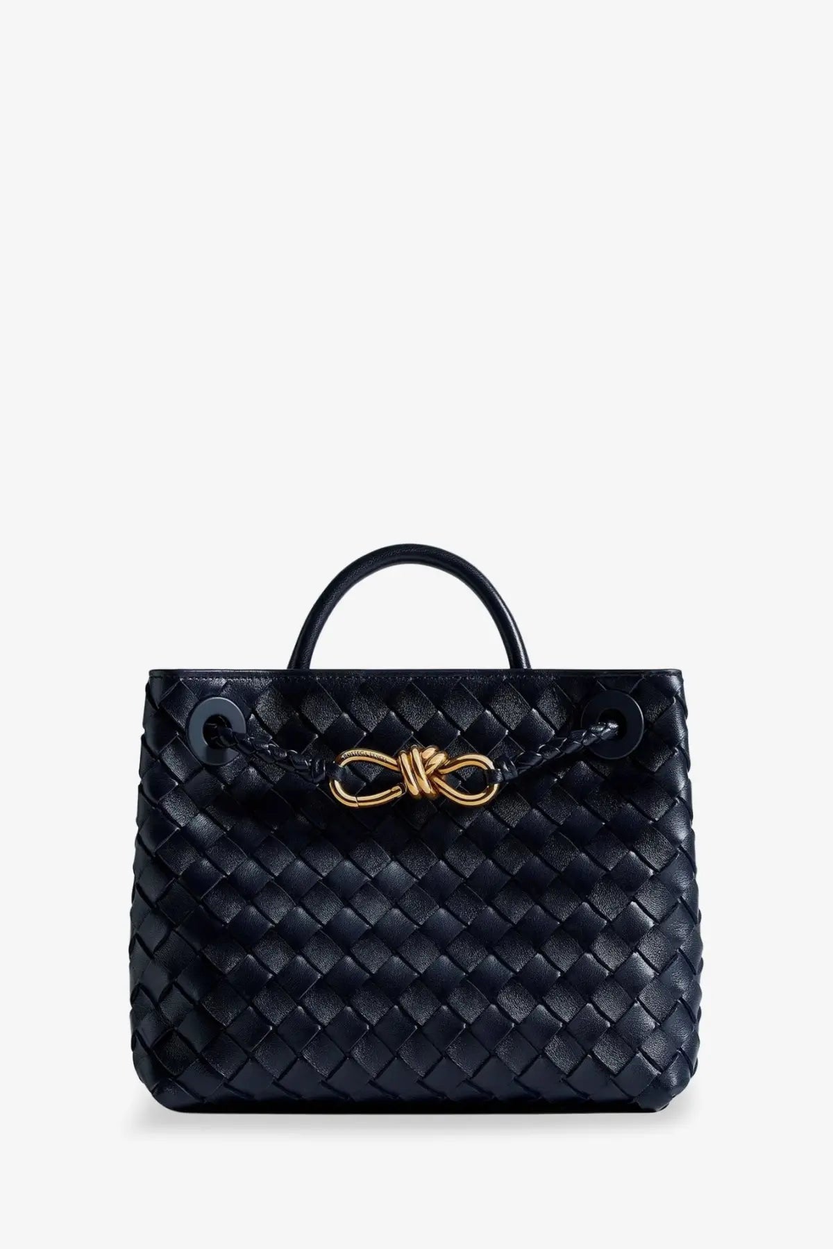 Bottega Veneta Andiamo black woven leather shoulder bag with gold bow clasp