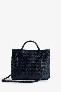 Bottega Veneta Andiamo black leather woven tote with braided chain strap