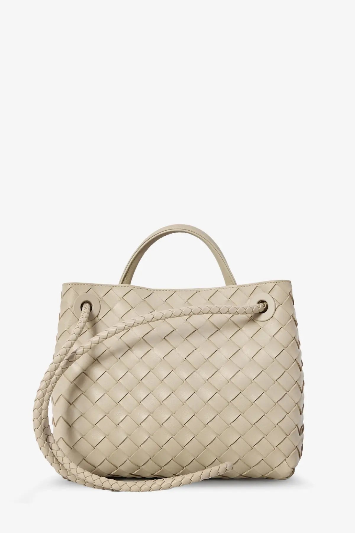 Beige woven leather tote bag with braided and top handles by Bottega Veneta for women in white leather