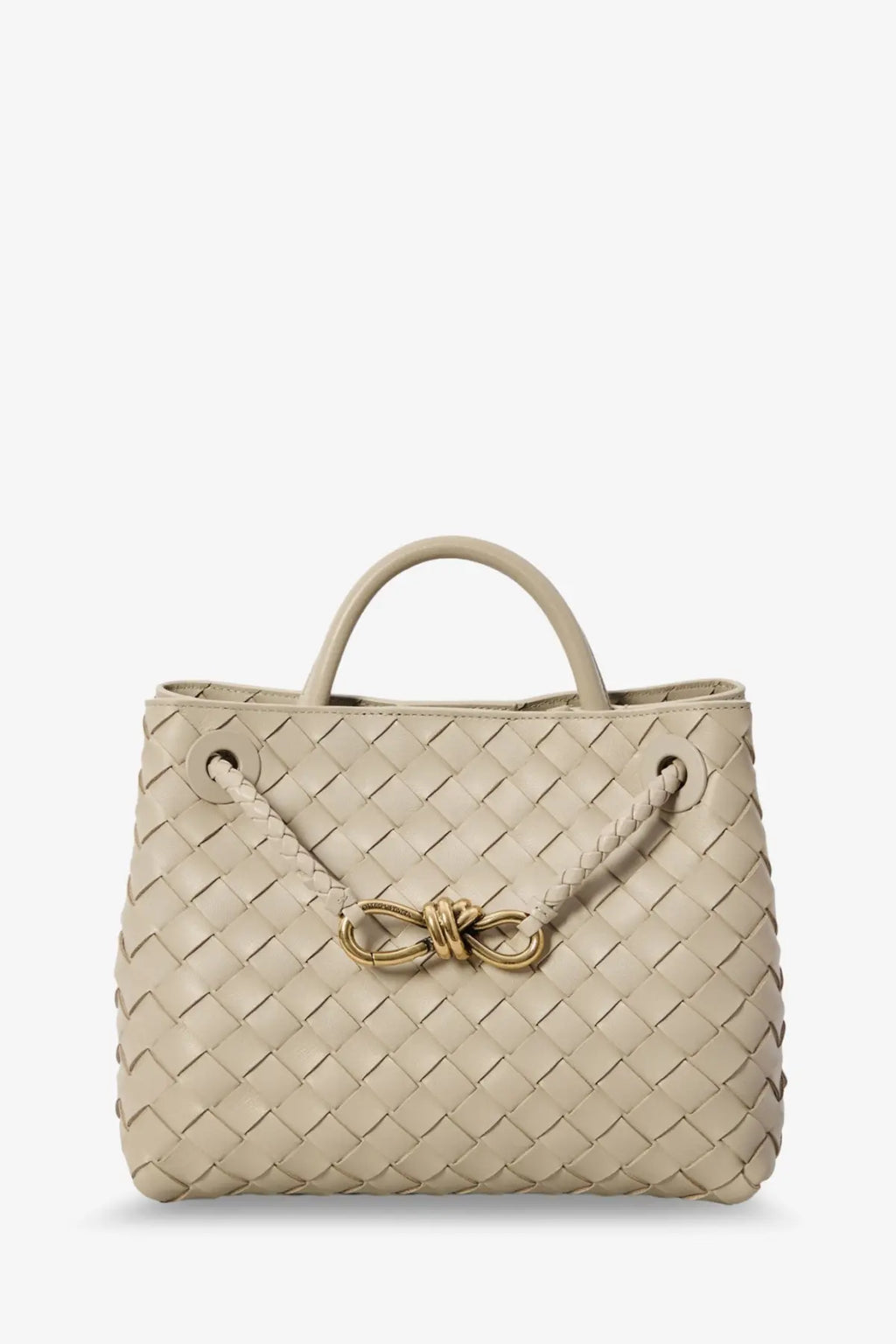 Beige woven leather tote bag with gold-tone bow clasp by bottega veneta for women
