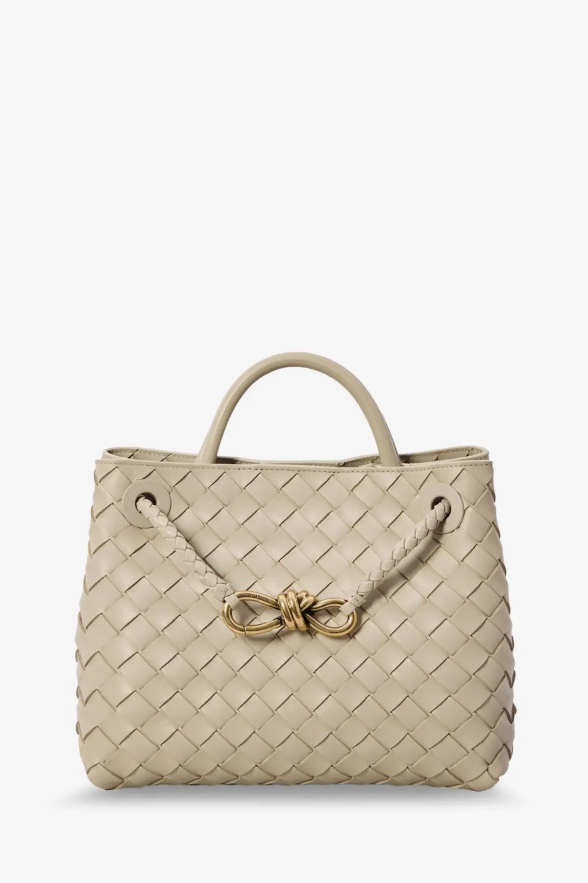 Beige woven leather tote bag with gold-tone bow clasp by bottega veneta for women