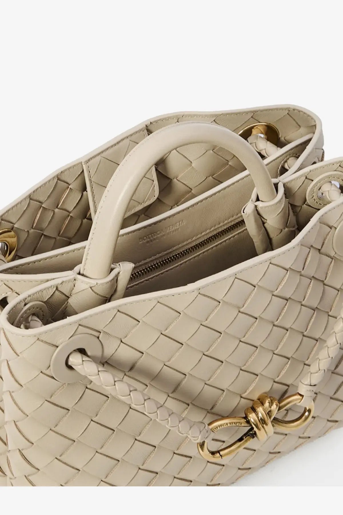 Beige woven leather shoulder bag with gold-tone hardware by Bottega Veneta womens andiamo collection white color