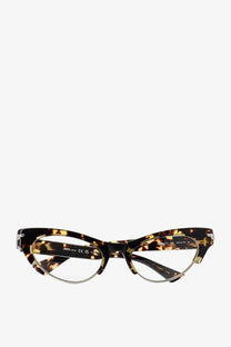 Bottega Veneta women’s brown tortoiseshell cat-eye acetate sunglasses with metallic accents and clear lenses